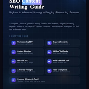 May include: A dark blue ebook cover titled "SEO Content Writing Guide." It includes sections on SEO, keyword research, content structure, and advanced strategies. The guide is designed for bloggers, freelancers, and business owners.