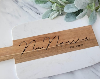 Custom Engraved Marble and Wood Charcuterie Board - Personalized Wedding and Housewarming Gift