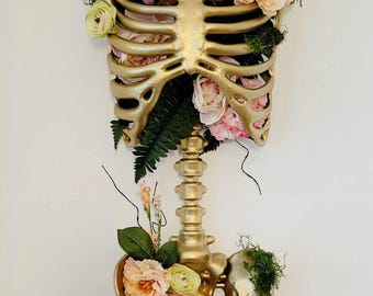 Whimsigoth Floral Skeleton Wall Art, Gold and Pink Cottagecore Elegant Halloween Decor