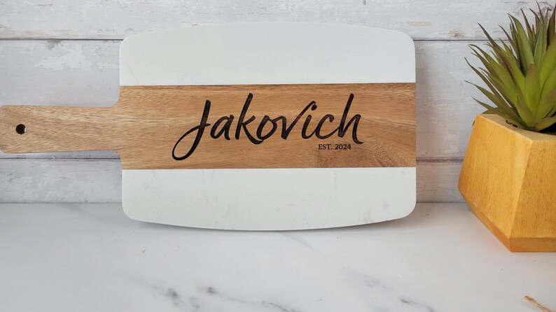 Custom Engraved Marble and Wood Charcuterie Board - Personalized Wedding and Housewarming Gift