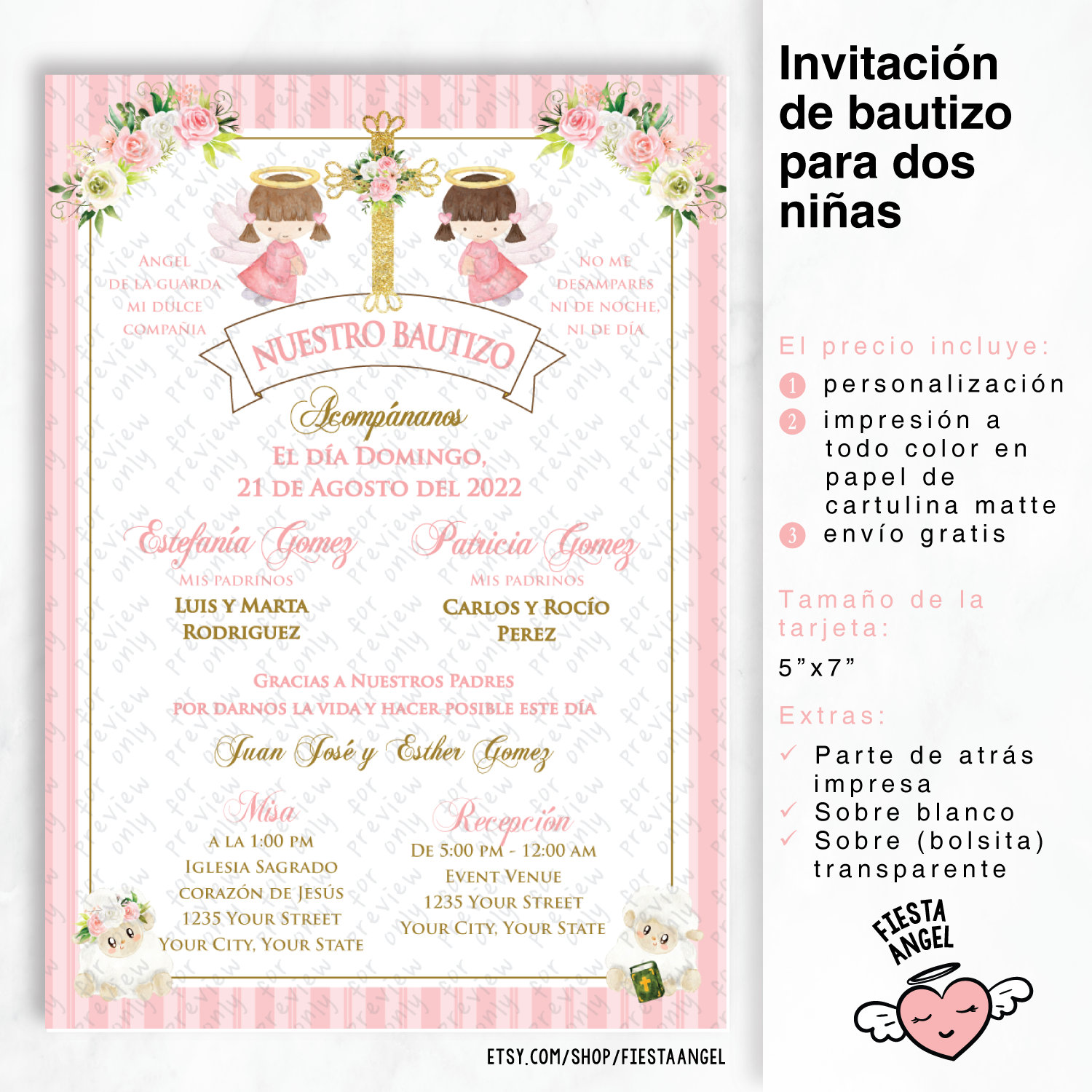 Invitación De Bautizo Para Dos Niñas Pink rosita Etsy