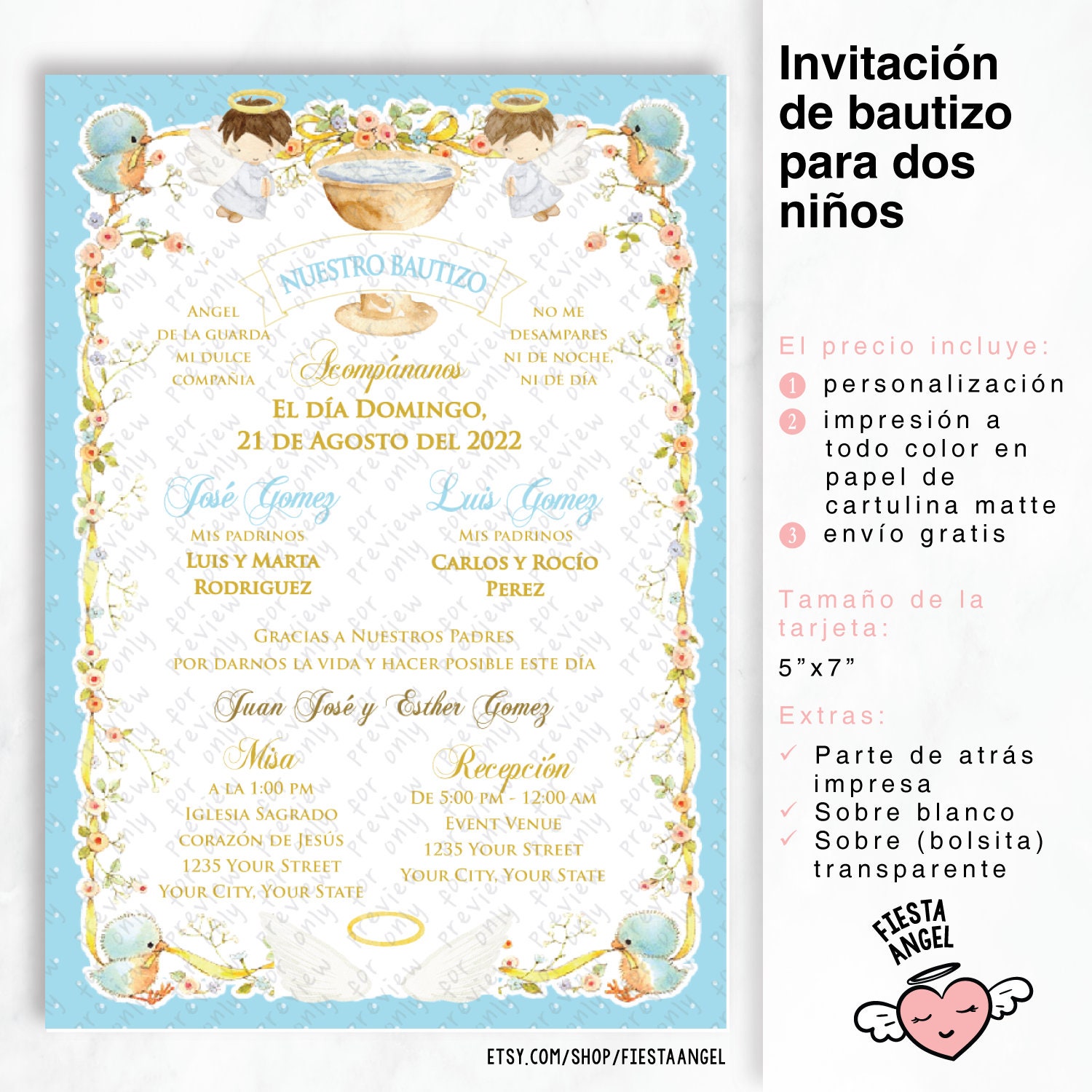 Invitación de bautizo para dos niños (azul celeste), image size:1500x1500