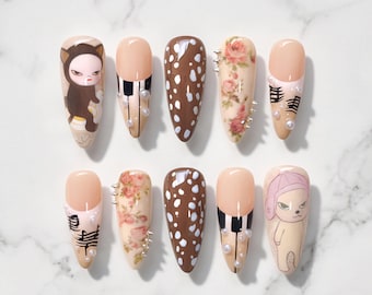 Yoshitomo Nara Inspired Press On Nails, Japanese Art Girl Nail Set, Coquette Nude Brown Nails, Indie Art Aesthetic 3D Press Ons