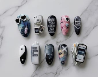 Handmade Tumblr Era Press On Nails, Indie Sleaze Y2K Cyber Set