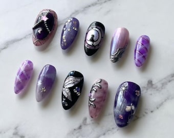 Purple Aura Almond Press On Nails, Silver Chrome Goth Celestial Set