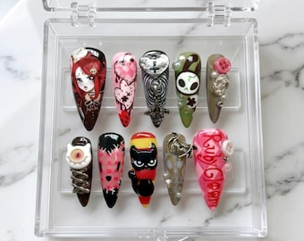 Custom Ruby Gloom Inspired Press On Nails | Goth Kawaii 3D Nail Art Set