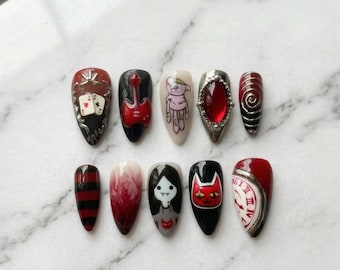 Custom Marceline Inspired Press On Nails, Red Black Gothic Cartoon Vampire Queen Grunge