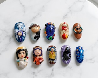3D Coraline Stop Motion Character Press On Nails, Whimsigoth Gothic Fantasy Set