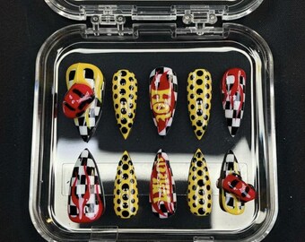 Hot Wheels Press On Nails, Race Car Nail Set, Y2K Checkerboard Nails, Red Yellow Flame Nails, Retro Racing Inspired Nails