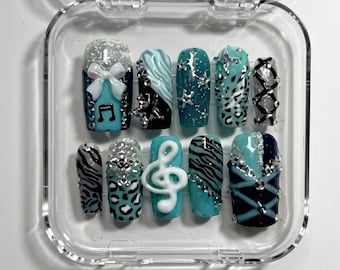 Y2K Scene Press On Nails, Teal Animal Print, Music Note, 3D Star Gel Nails