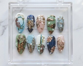 Handmade Japanese Floral Press On Nails | Pastel Rococo Asian Art Inspired Set