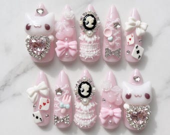 Kawaii Coquette Press On Nails, Pink 3D Bow Nails, Hime Gyaru Nail Set, Princess Cat Nails, Lolita Charm Nails, Decora Press Ons