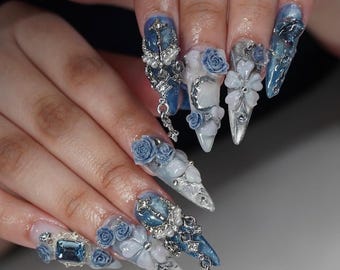 Columbina Inspired Press On Nails, Celestial Gothic Nails, Blue Rose Fantasy Nails, Anime Inspired 3D Nails, Moon Goddess Stiletto Nails