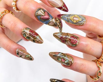 Gothic Stained Glass Press On Nails | Ruby Gold Art Nouveau Fantasy Set