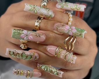 Green Butterfly Press On Nails | 3D Floral Gold Accents Long Square Set