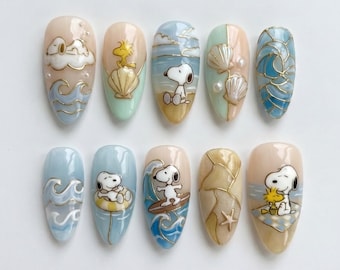 Snoopy Woodstock Beach Nails, Summer Ocean Seashell Wave Press-Ons