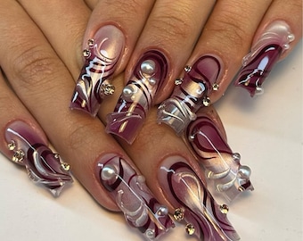 Custom Burgundy Press On Nails, Y2K Abstract Swirl Jelly Chrome Pearl Long Square Acrylic Nails