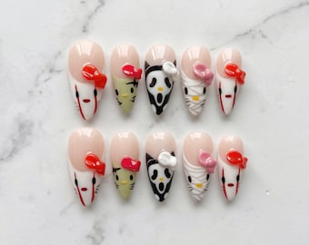 Kawaii Horror Press On Nails, 3D Bow Anime Halloween Set, Creepy Japanese Style