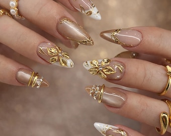 Custom Gold Floral Press On Nails, Nude Chrome Almond Nails, Elegant Pearl French Tip Nails, 3D Gold Flower Bridal Nails