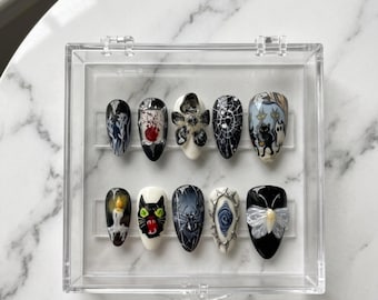 Gothic Cat Spider Web Press On Nails | 3D Butterfly, Ghost, Candle Accents