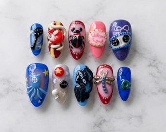 Handmade Coraline Blue Button Press On Nails, 3D Gothic Kawaii Art