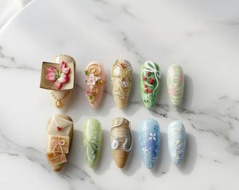 Custom Enchanted Fairy Garden Press On Nails, Cottagecore Nails, 3D Floral Nails, Pastel Fantasy Nails, Whimsical Handmade Press Ons