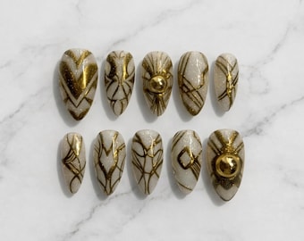 Mel Medarda Inspired Press On Nails, Arcane Gold Rune Nails, Luxury Fantasy Almond Nails, Hextech Goddess Nail Set