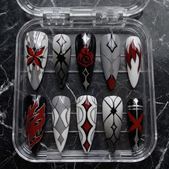 Arlecchino Inspired Press On Nails, Crimson Black Gothic Nails, Anime Fantasy Nails, Handmade Gel Press Ons, Cosplay Nails