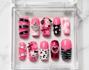 Inspired Hello Kitty Y2K Press On Nails, Pink Kawaii Nails, Bling 3D Nail Set, Coquette Goth Nails, Harajuku Anime Press Ons