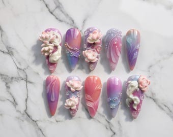 Custom Lotus Floral Press On Nails, Pink Purple Ombre, 3D Gel Fairycore (Set)