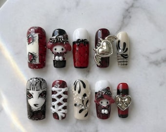 Anime Goth Cinnamoroll Press On Nails | Red Black Coquette Nail Set | Kawaii Alt Girl Nails | Harajuku Y2K Press Ons