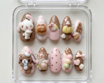 Kawaii Bunny Dessert Press On Nails, Pastel Brown Pink 3D Candy Set