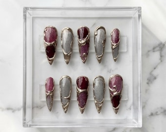 Ruby Chrome Stiletto Nails | Metallic Red Gold Frame Press On Set