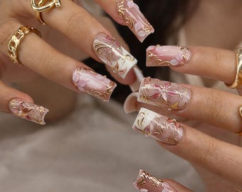 Handmade Pink Floral Press On Nails, 3D Flower French Tip, Coquette Luxury Acrylic Style