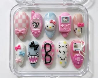 Y2K Retro Tech Press On Nails, Kawaii Kitty Gamer Girl MP3 Set