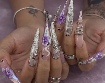 Fairycore Lavender Stiletto Nails | 3D Floral Chrome, Ethereal Coquette Fantasy Set