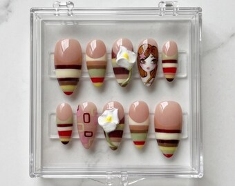 Custom Retro Stripe Press On Nails with 3D Flower | Vintage Aesthetic Nails | Minimal Nude Nails | Cute Girl Art Nails