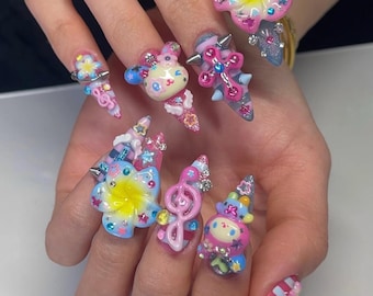 Sanrio Inspired Y2K Press On Nails, Kawaii 3D Anime Nails, My Melody Style Nails, Decora Kei Nails, Harajuku Nails, Pink Blue Nails