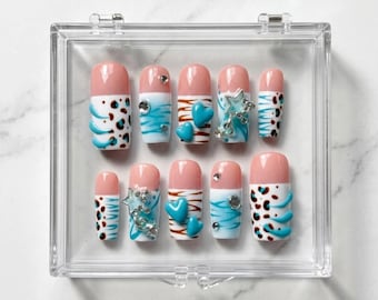 Y2K Airbrush Leopard Heart Star Nails, Pastel Coquette 2000s Press Ons