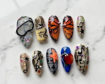 Press On Nails | Music Notes, Monarch Butterfly, Y2K Indie Art