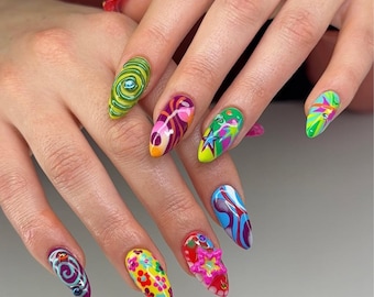 Custom Psychedelic Swirl Press On Nails, Y2K Retro Neon Abstract Set