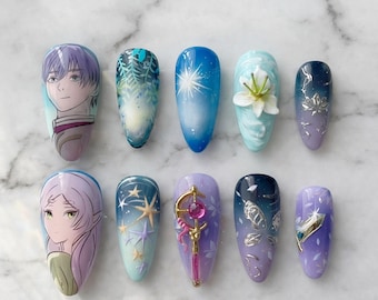 Frieren Himmel Inspired Press On Nails | Anime Fantasy Elf Princess Gradient Set