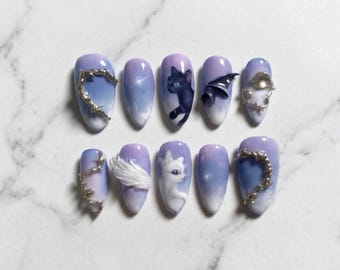 Custom Celestial Cat Press On Nails, Purple Gradient, 3D Angel Wings, Fantasy Kitty亚克力美甲