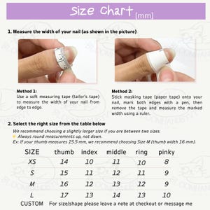 May include: Size chart image with instructions for measuring nail width using a soft measuring tape or masking tape. Includes a size chart with thumb, index, middle, ring, and pinky measurements in millimeters. The text recommends rounding up measurements.