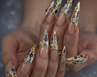 Custom Stained Glass Press On Nails, Extra Long Stiletto, Gold Chrome Crystal Fantasy Set