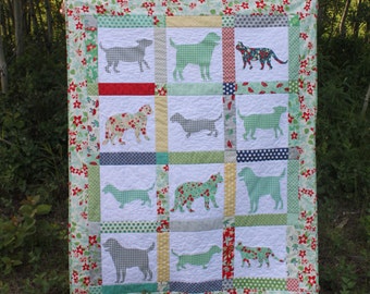 Gingham Dog and Calico Cat PDF Quilt Pattern Dog and Cat silhouette applique Crib or Toddler Bed Quilt