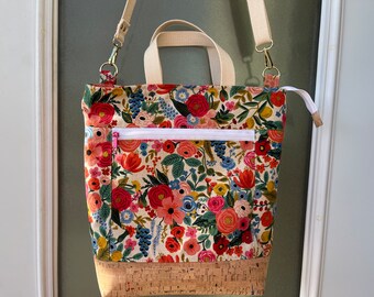 Floral Rifle Paper Co Canvas Cross Body Tote with Rainbow Flecked Cork Base