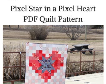 Pixel Star in a Pixel Heart PDF Quilt Pattern, Quick beginner quilt, charm square quilt pattern, fat quarter quilt pattern, Fourth of July