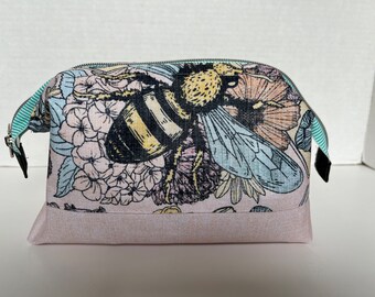 Bee and Floral Themed Waterproof Canvas Wire Framed Bag, Small Knitting or Crochet Bag, toiletry bag