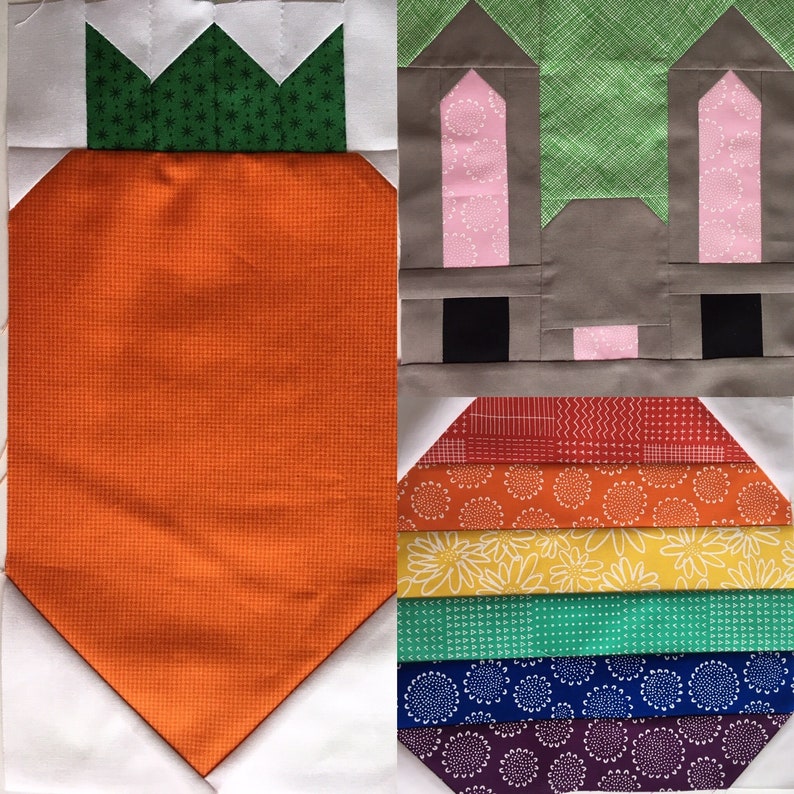 Rabbit and Carrot Quilt Block Patterns Set with Bonus Rainbow Easter Egg Block Pattern, digital quilt block patterns image 1